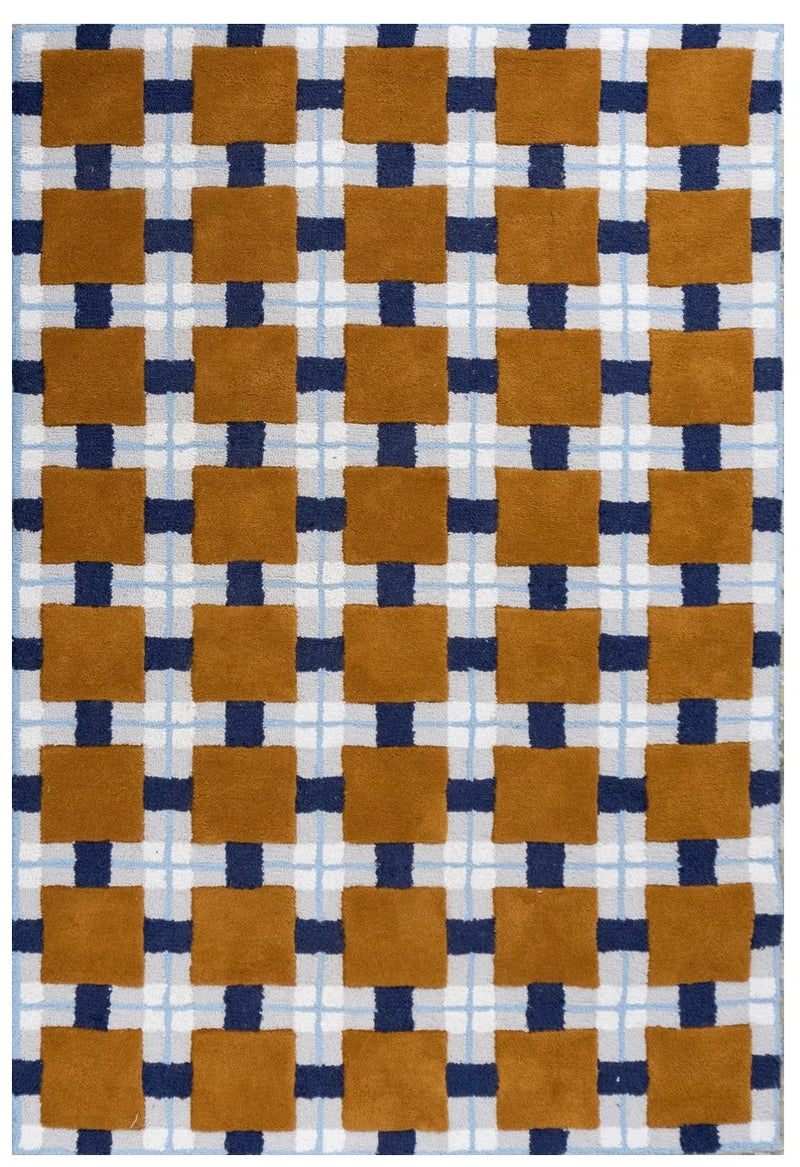 Tapis en laine à carreaux écossais ocre et bleu | Tapis moderne tufté à la main