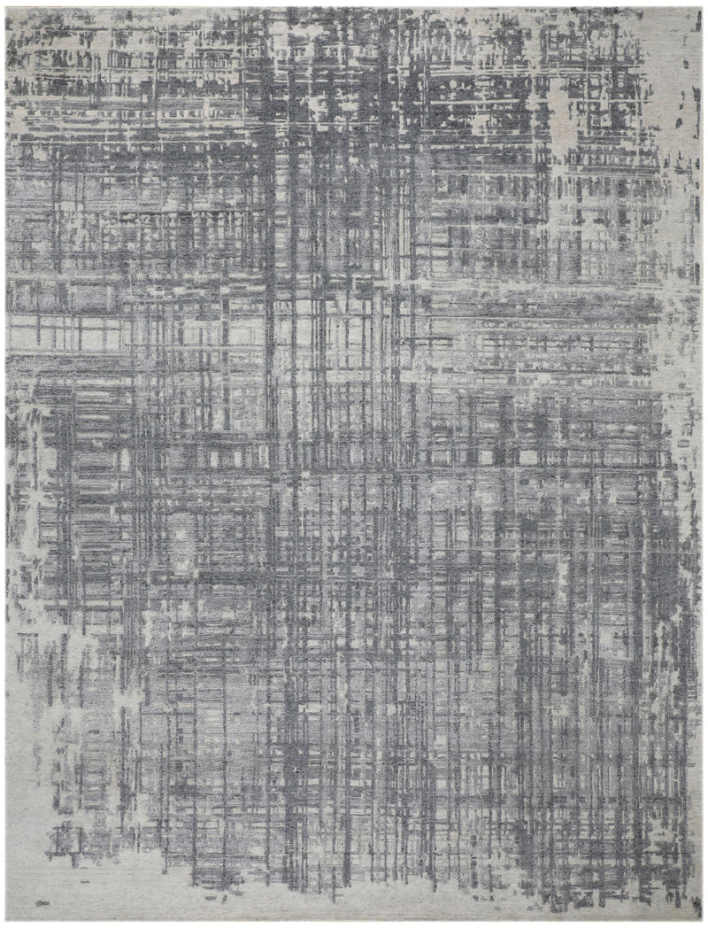 Silver gray abstract area rug with flat woven texture and grid pattern