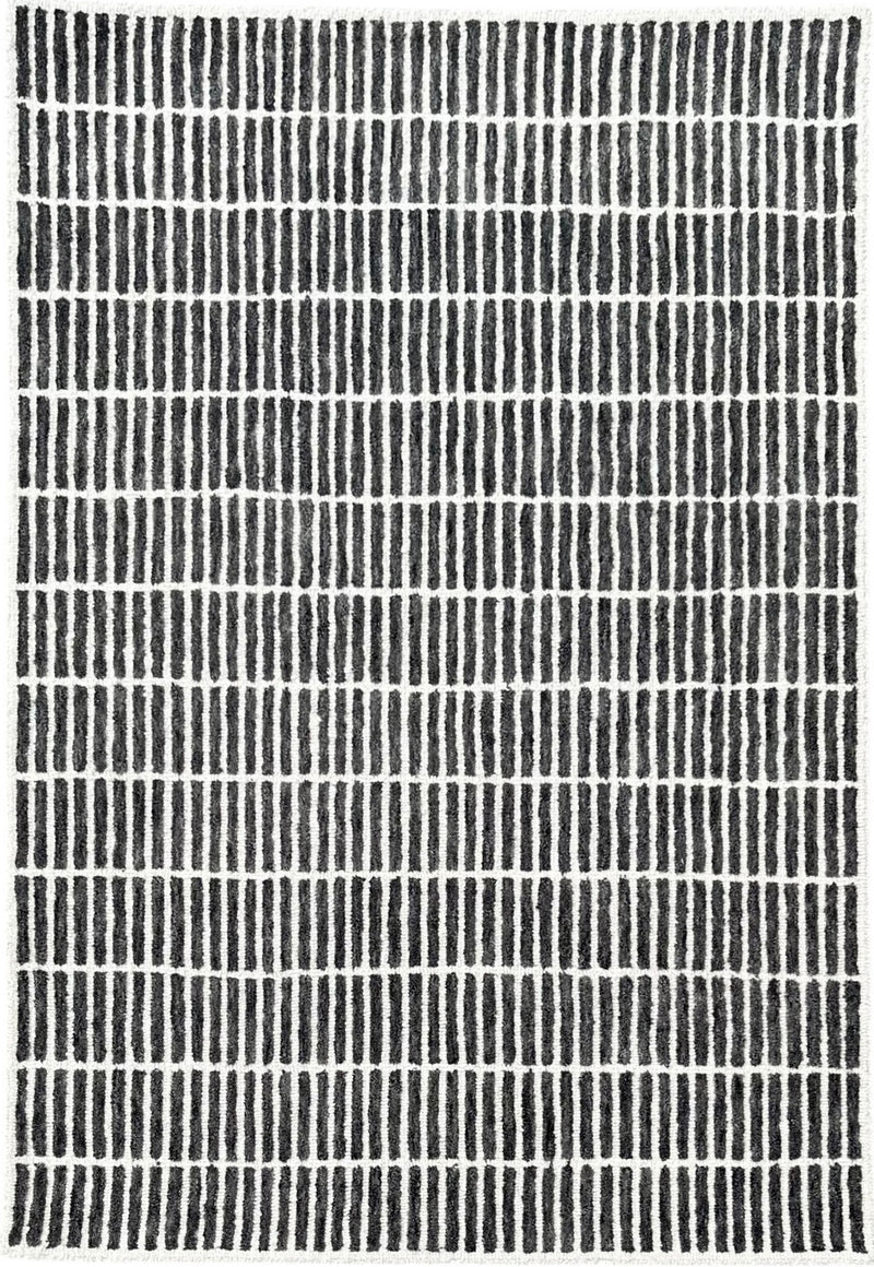 Hand-tufted wool area rug with charcoal and ivory vertical stripe grid pattern.