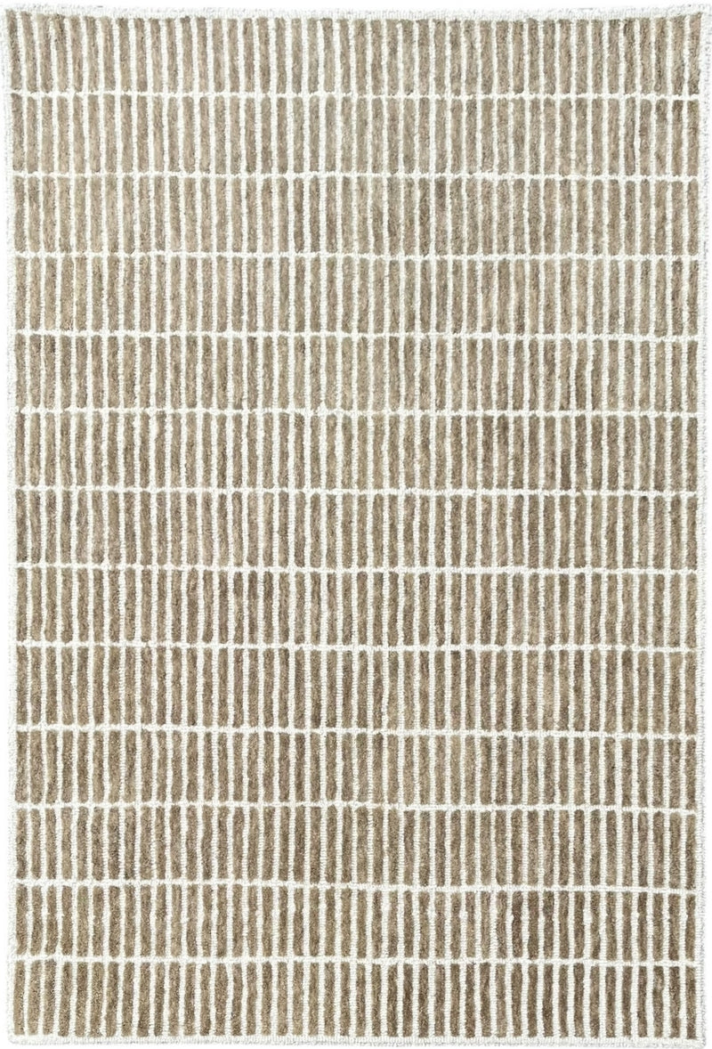 Hand tufted wool area rug in light brown and ivory with textured striped grid