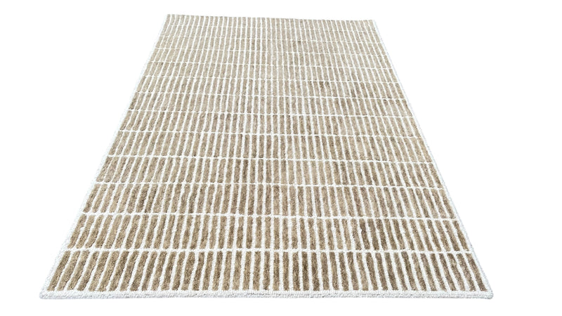 Rectangular light brown and ivory striped hand tufted wool area rug, wide angle