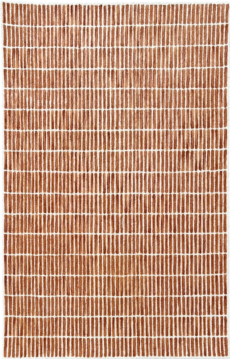 Rust and ivory striped wool area rug with short fringe edges, textured tufted pile.