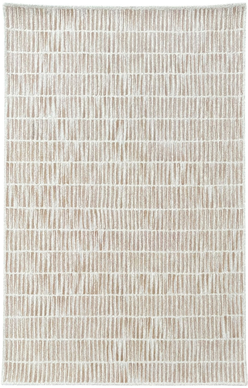 Hand tufted wool area rug with sand beige textured grid pattern borderless edges
