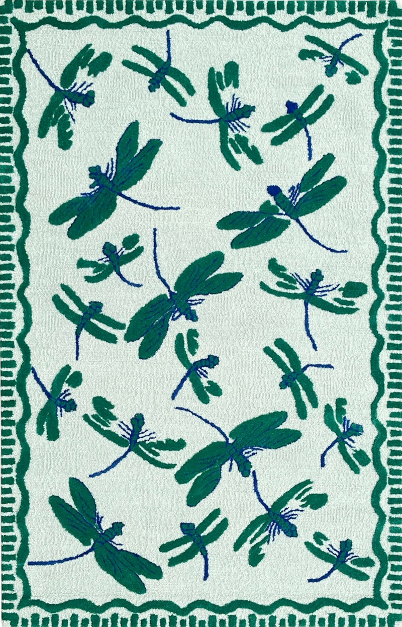 Green Dragonfly Hand Tufted Wool Rug | Botanical Vintage-Inspired Area Rug