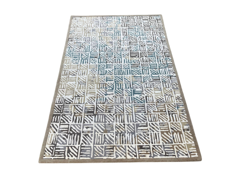 Geometric Grid Hand-Knotted Wool Rug | Modern Blue & Ivory Area Rug
