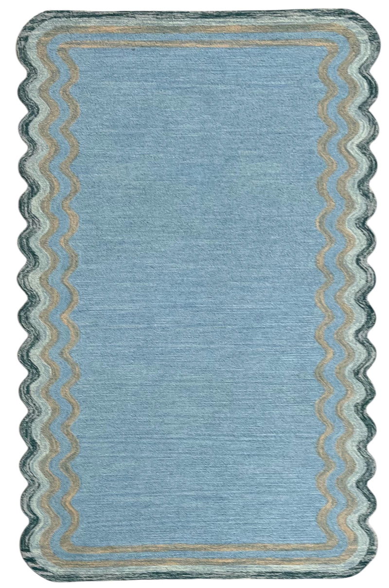 Scalloped Hand Tufted Loop Cut Wool Area Rug, Modern Blue Carpet