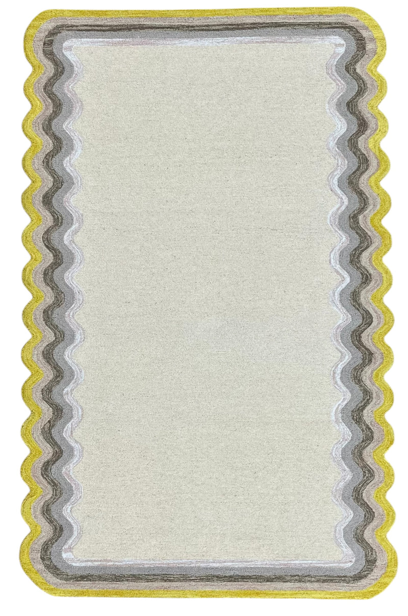 Tapis en laine bouclée, tufté main à bord festonné, motif moderne ivoire