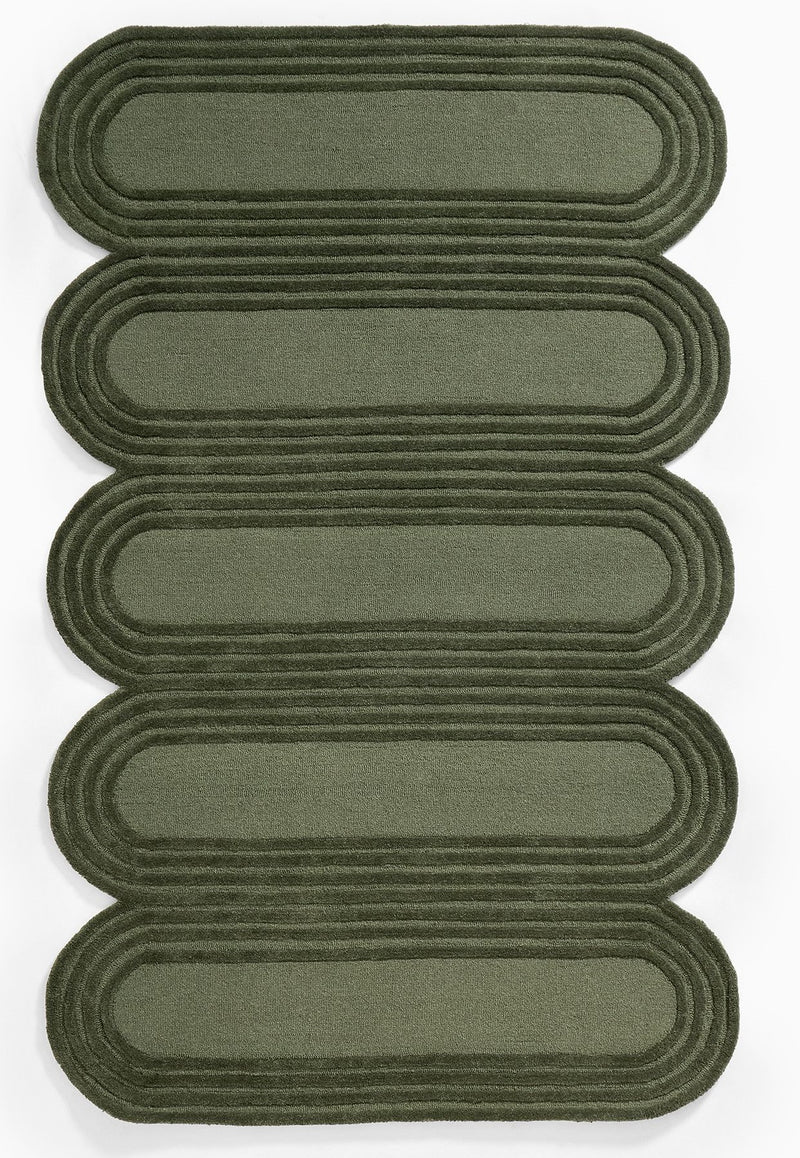 Oblong Scalloped Forest Green Hand-Tufted Wool Rug | Modern Area Rug