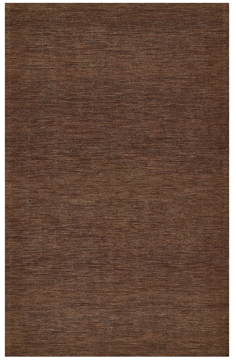 Brown solid wool area rug with fine woven texture, flat top view
