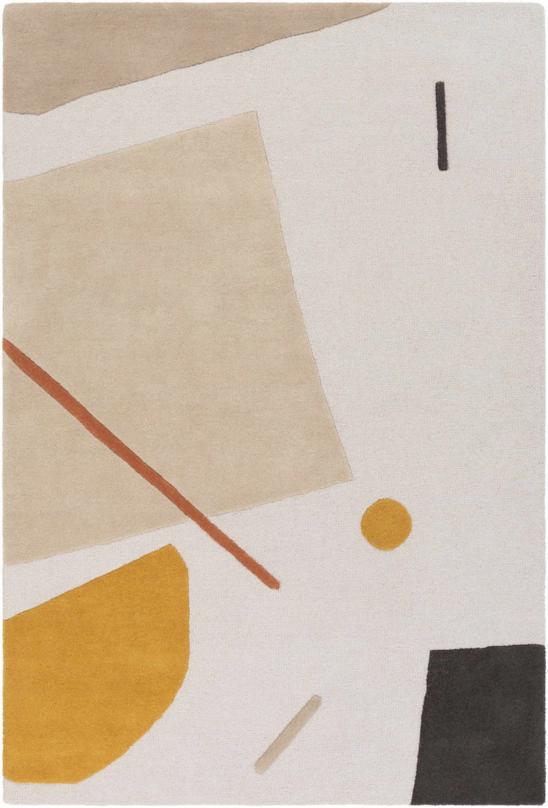 Beige-and-ivory abstract geometric rug with mustard circle and black square accents
