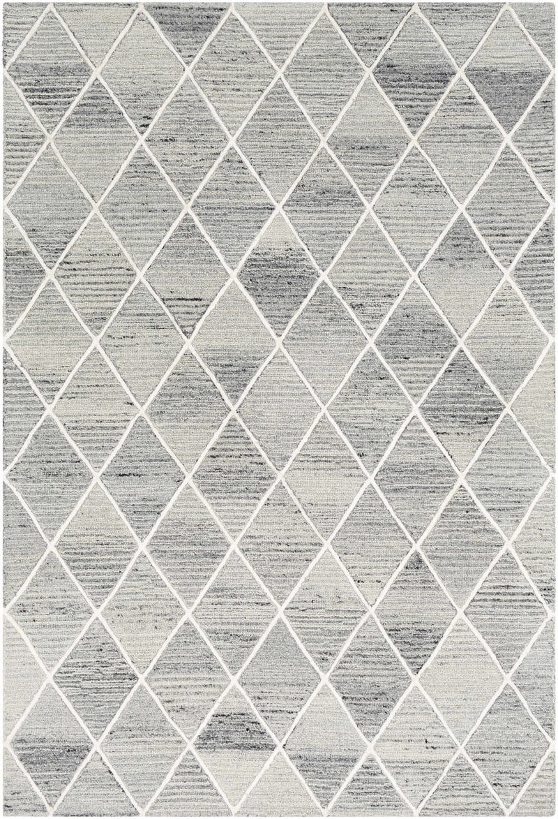 Top view of light grey and ivory trellis diamond pattern wool area rug