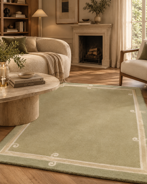 Siracusa Sage Green & Ivory Hand-Tufted Wool Rug | Elegant Border Area Rug