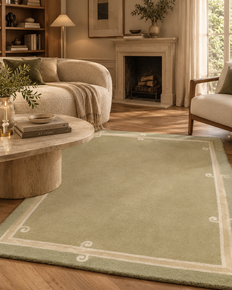 Siracusa Sage Green & Ivory Hand-Tufted Wool Rug | Elegant Border Area Rug