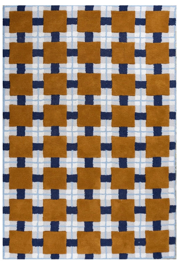 Ochre & Blue Plaid Check Wool Area Rug | Hand-Tufted Modern Carpet