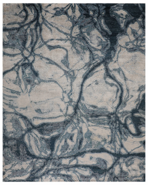 Sky Blue Abstract Hand Knotted Wool Rug – Vintage Modern Designer Area Rug
