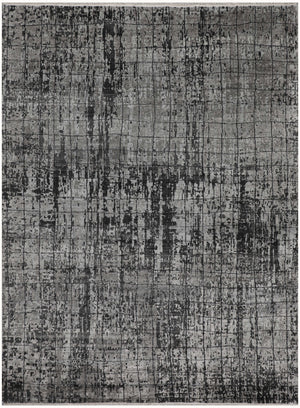 Silver Grid Hand-Knotted Wool Rug – Grey & Charcoal Distressed Abstract Area Rug