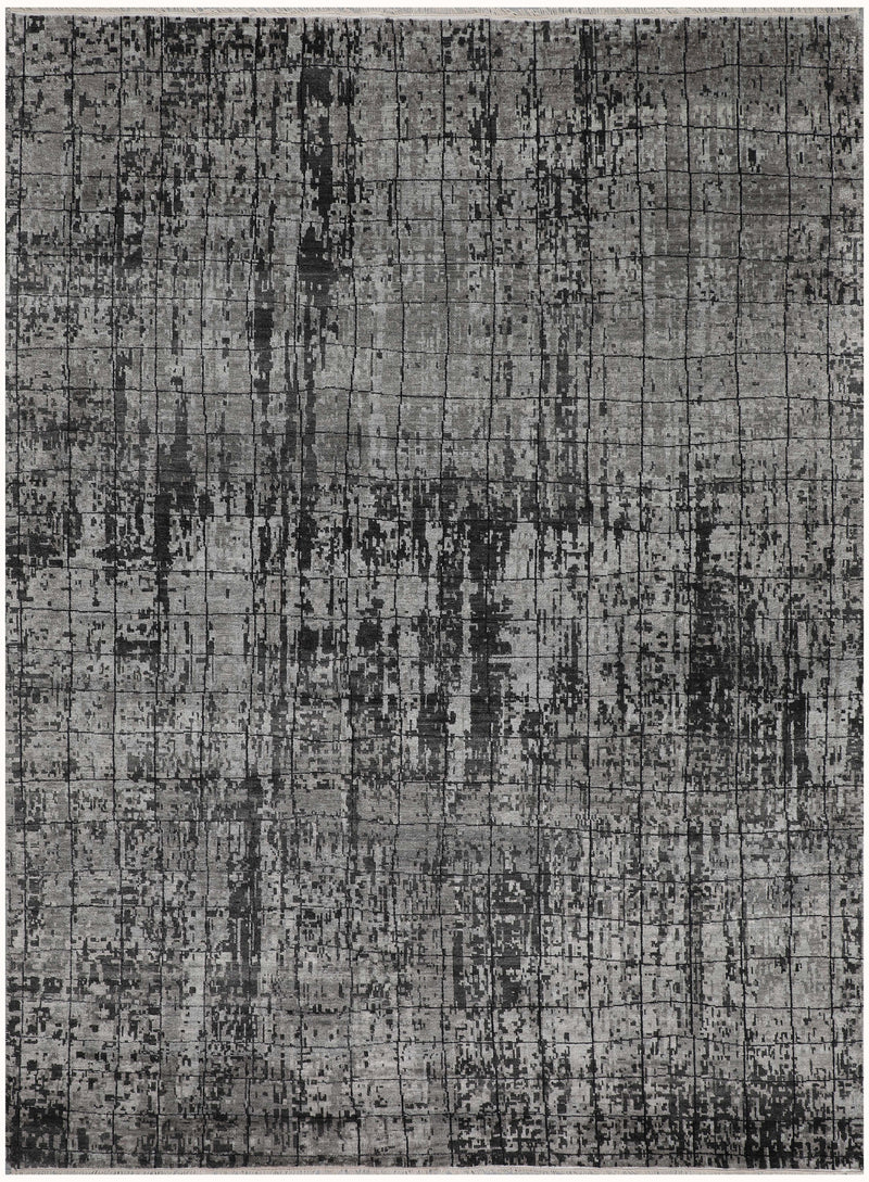 Distressed abstract area rug with grey and charcoal grid pattern, hand-knotted look