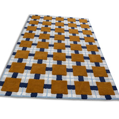 Ochre & Blue Plaid Check Wool Area Rug | Hand-Tufted Modern Carpet
