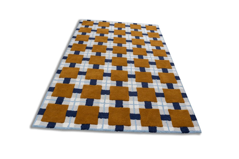 Ochre & Blue Plaid Check Wool Area Rug | Hand-Tufted Modern Carpet