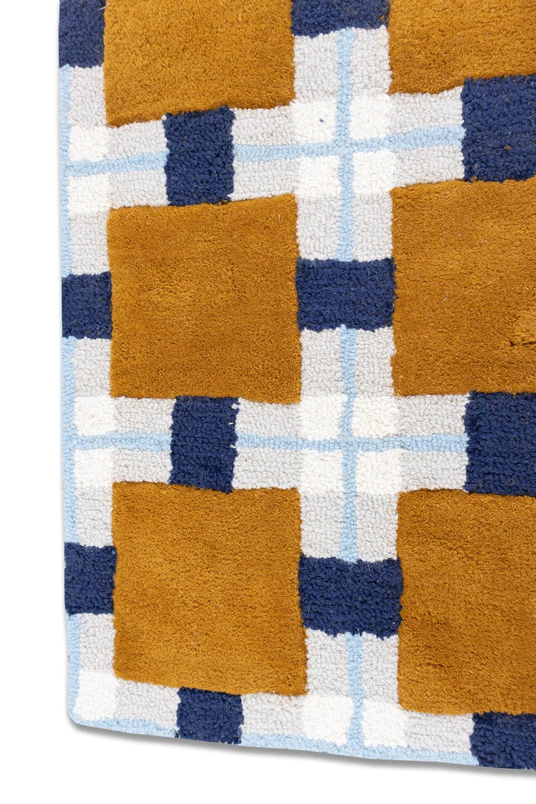 Ochre & Blue Plaid Check Wool Area Rug | Hand-Tufted Modern Carpet