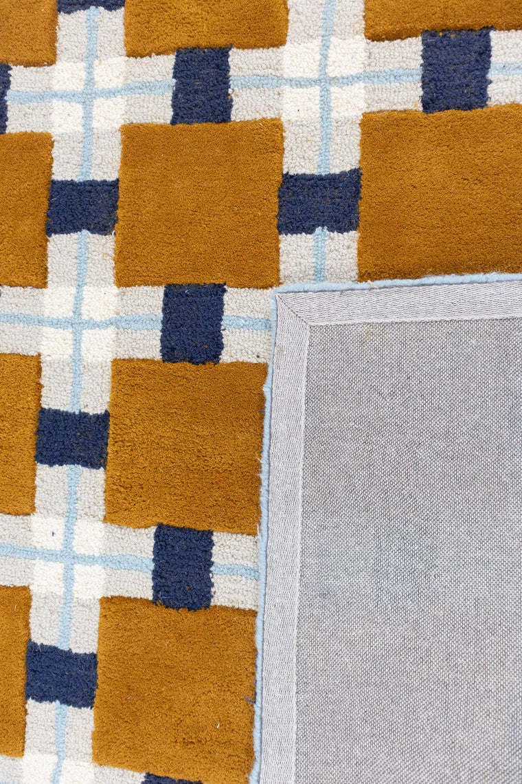 Ochre & Blue Plaid Check Wool Area Rug | Hand-Tufted Modern Carpet