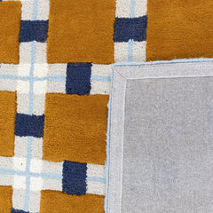 Ochre & Blue Plaid Check Wool Area Rug | Hand-Tufted Modern Carpet