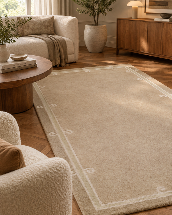 Siracusa Neutral Beige & Ivory Hand-Tufted Wool Rug | Elegant Border Area Rug