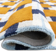 Ochre & Blue Plaid Check Wool Area Rug | Hand-Tufted Modern Carpet