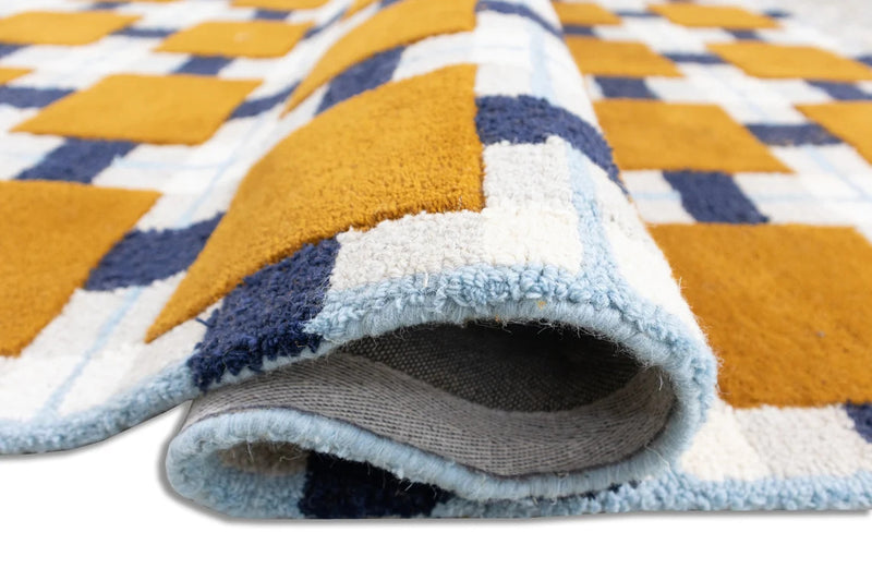 Ochre & Blue Plaid Check Wool Area Rug | Hand-Tufted Modern Carpet