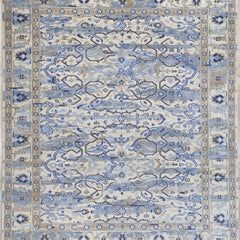 Transitional Ikat Floral Hand-Knotted Wool Rug – Slate Blue / Cream Area Rug