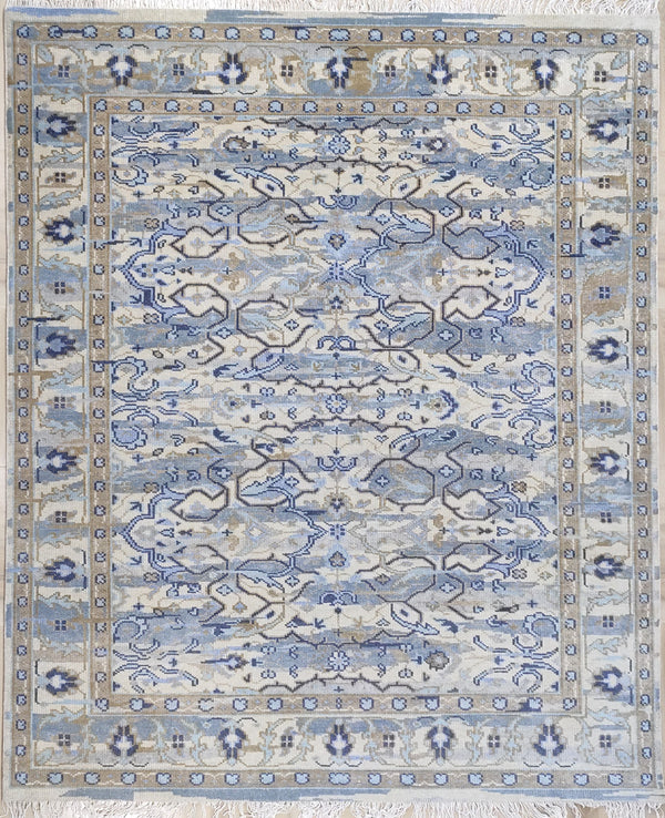 Transitional Ikat Floral Hand-Knotted Wool Rug – Slate Blue / Cream Area Rug