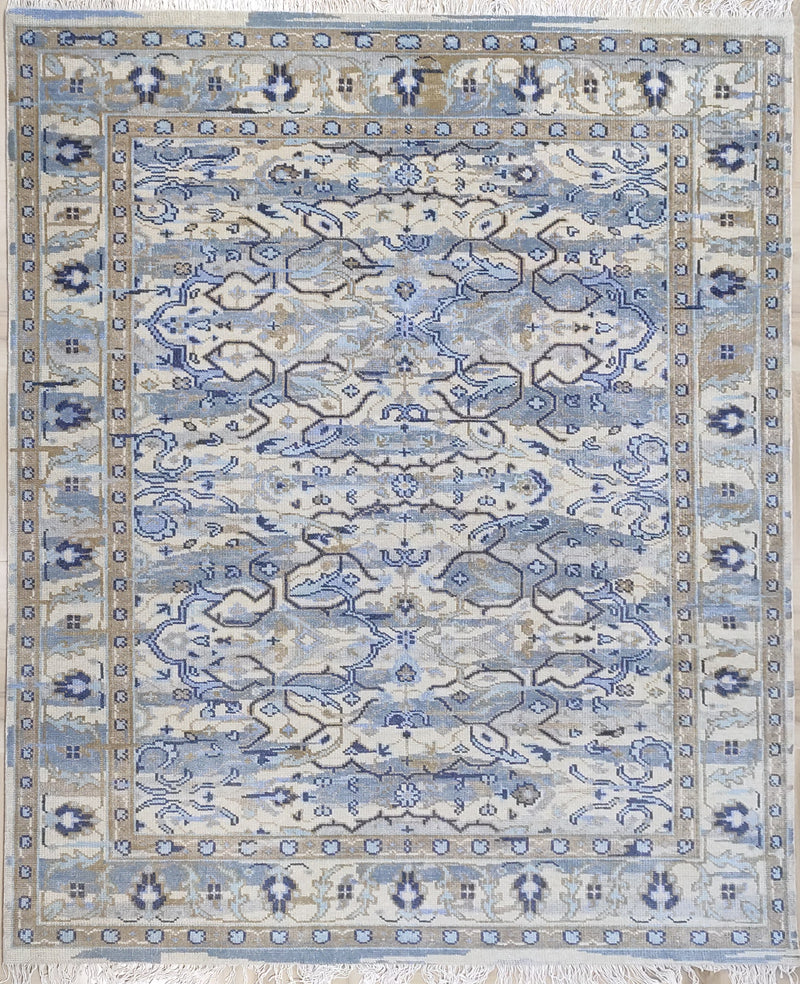 Transitional Ikat Floral Hand-Knotted Wool Rug – Slate Blue / Cream Area Rug