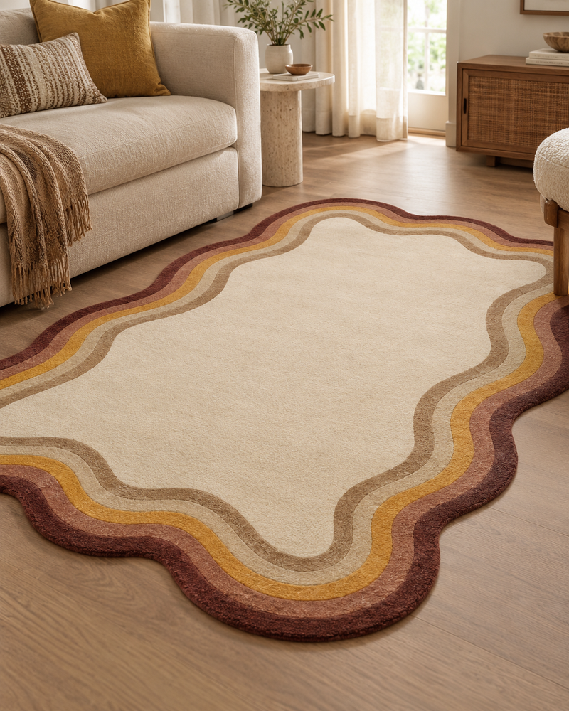 Frago Organic Wavy Border Rug | Rust, Beige & Mustard Modern Area Rug