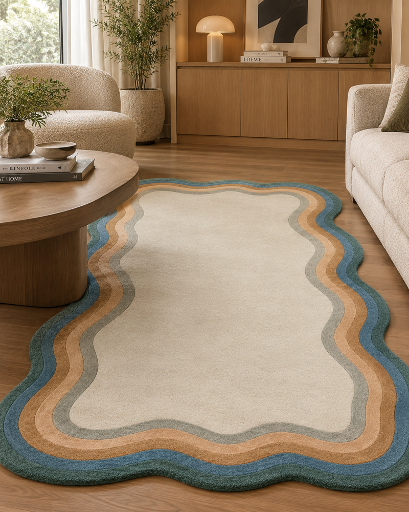 Frago Organic Wavy Border Rug | Blue, Mustard & Ivory Modern Area Rug