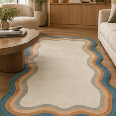 Frago Organic Wavy Border Rug | Blue, Mustard & Ivory Modern Area Rug