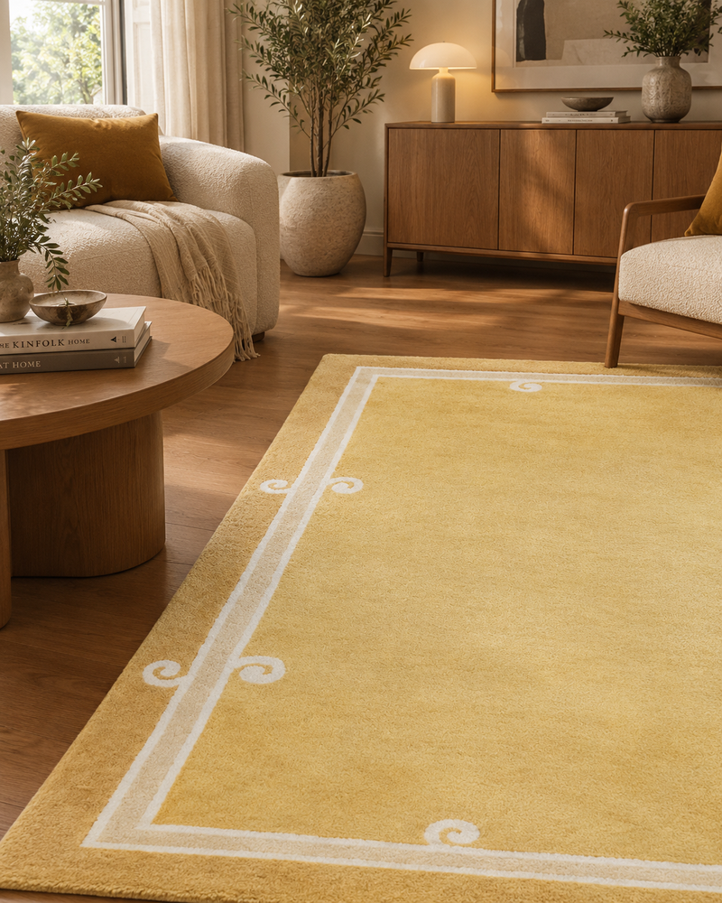Siracusa Mustard Yellow & Ivory Hand-Tufted Wool Rug | Elegant Border Area Rug