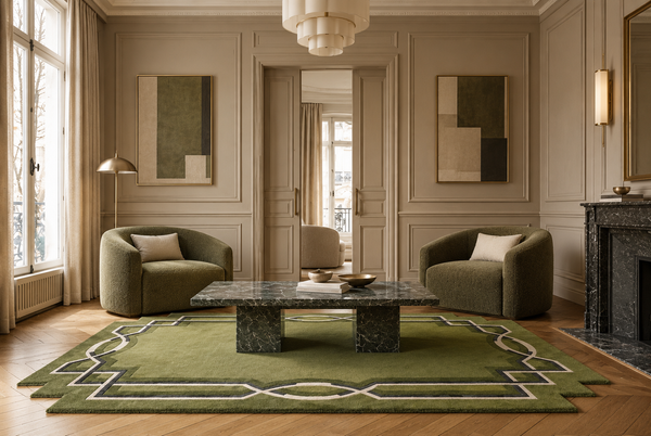 Lattice Hand-Tufted Olive Wool Rug | Geometric Border Design | Modern Statement Area Rug