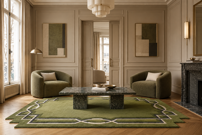 Lattice Hand-Tufted Olive Wool Rug | Geometric Border Design | Modern Statement Area Rug