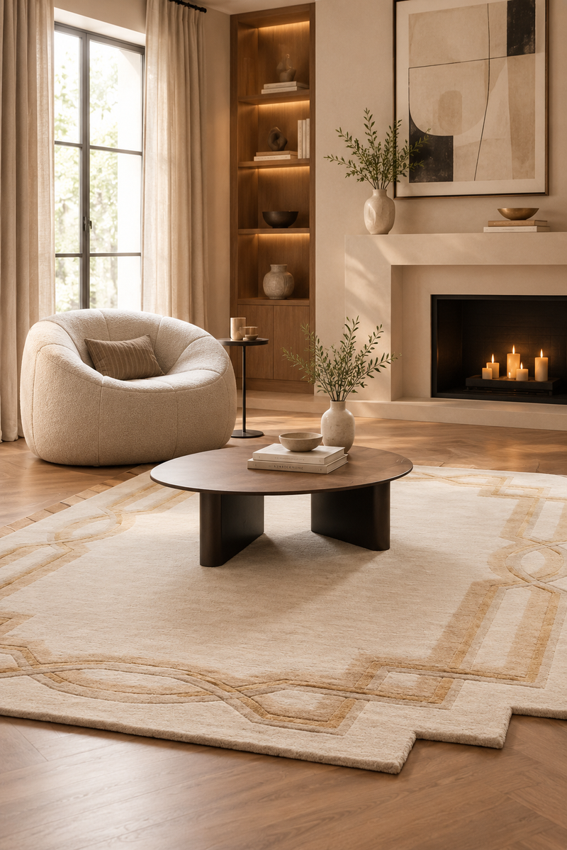 Lattice Hand-Tufted Ivory Wool Rug | Geometric Border Design | Modern Statement Area Rug