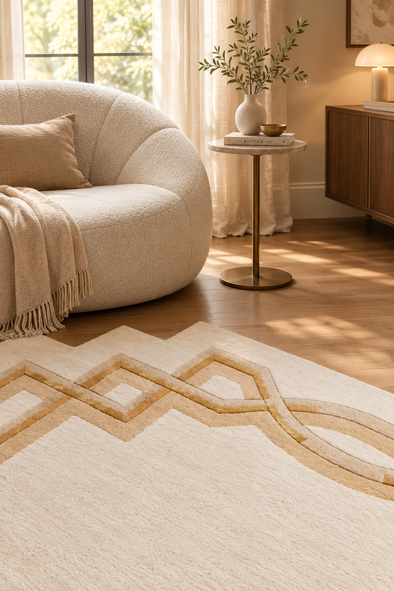 Lattice Hand-Tufted Ivory Wool Rug | Geometric Border Design | Modern Statement Area Rug