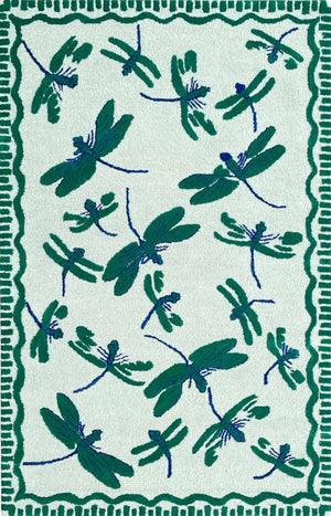 Green Dragonfly Hand Tufted Wool Rug | Botanical Vintage-Inspired Area Rug