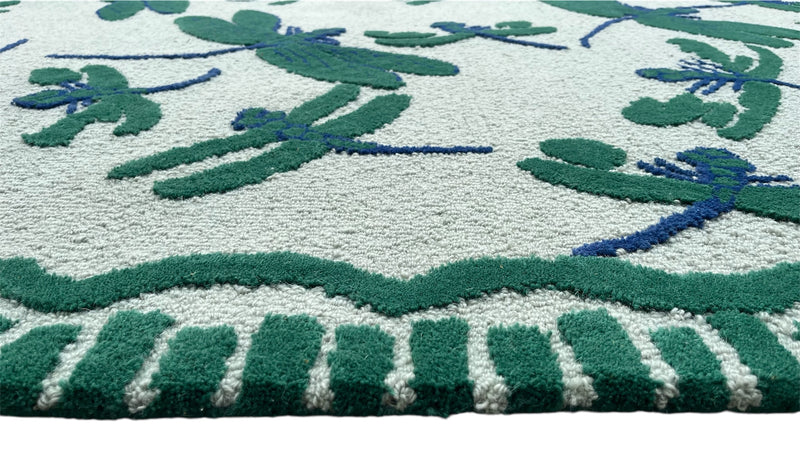 Green Dragonfly Hand Tufted Wool Rug | Botanical Vintage-Inspired Area Rug