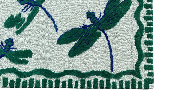 Green Dragonfly Hand Tufted Wool Rug | Botanical Vintage-Inspired Area Rug