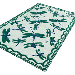 Green Dragonfly Hand Tufted Wool Rug | Botanical Vintage-Inspired Area Rug