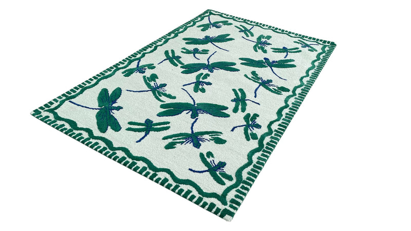 Green Dragonfly Hand Tufted Wool Rug | Botanical Vintage-Inspired Area Rug