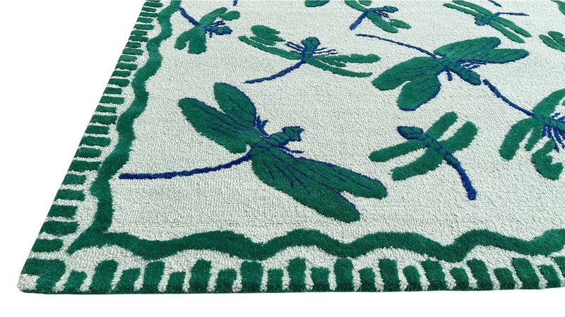 Green Dragonfly Hand Tufted Wool Rug | Botanical Vintage-Inspired Area Rug