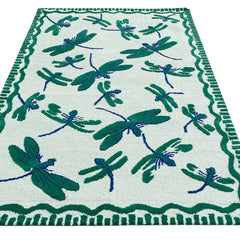 Green Dragonfly Hand Tufted Wool Rug | Botanical Vintage-Inspired Area Rug