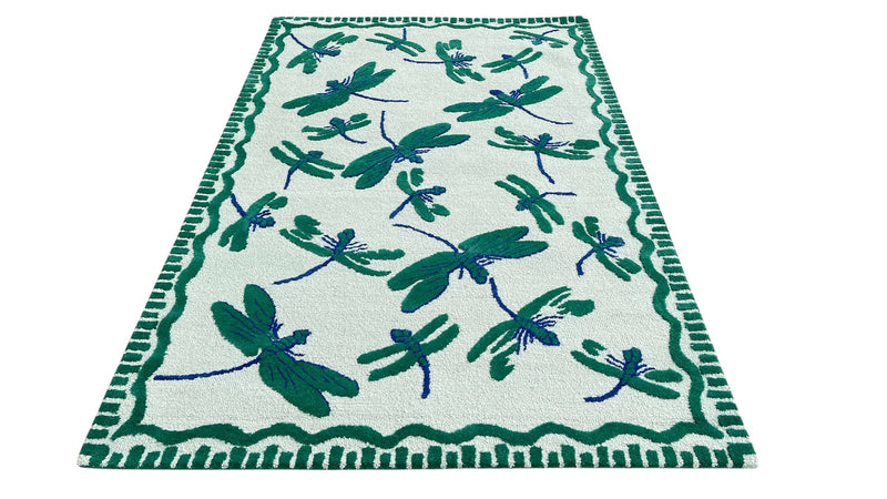 Green Dragonfly Hand Tufted Wool Rug | Botanical Vintage-Inspired Area Rug