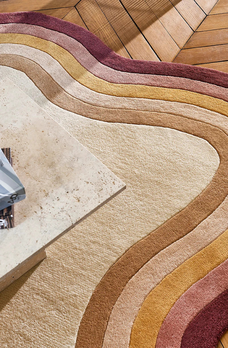 Frago Organic Wavy Border Rug | Rust, Beige & Mustard Modern Area Rug