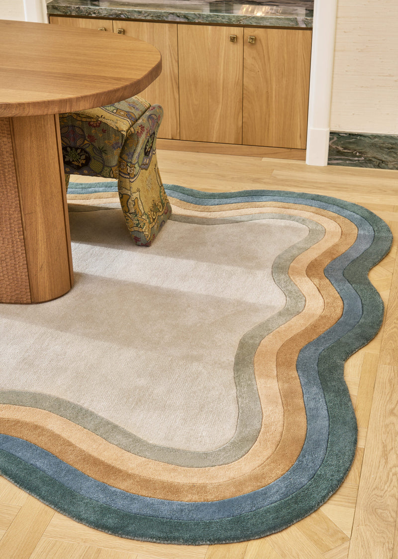 Frago Organic Wavy Border Rug | Blue, Mustard & Ivory Modern Area Rug